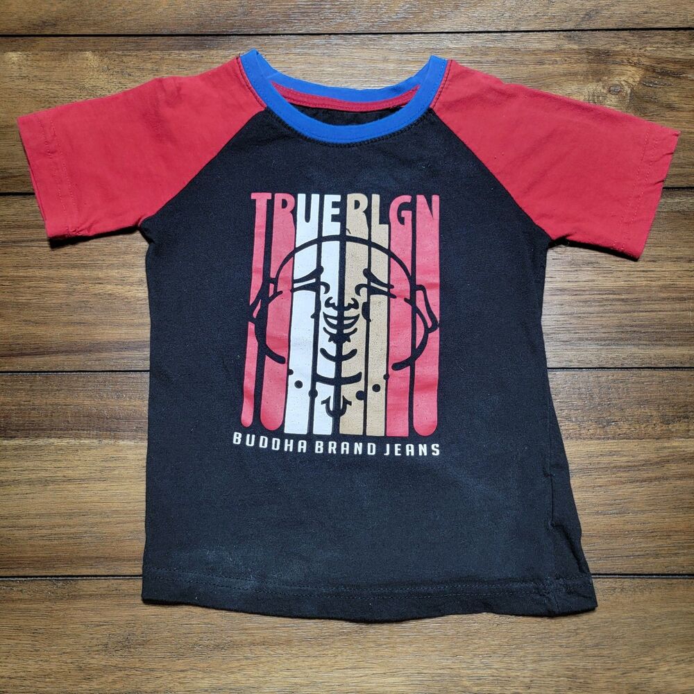 True Religion Graphic SS Black Tee Red Sleeves - Size 5 Kids